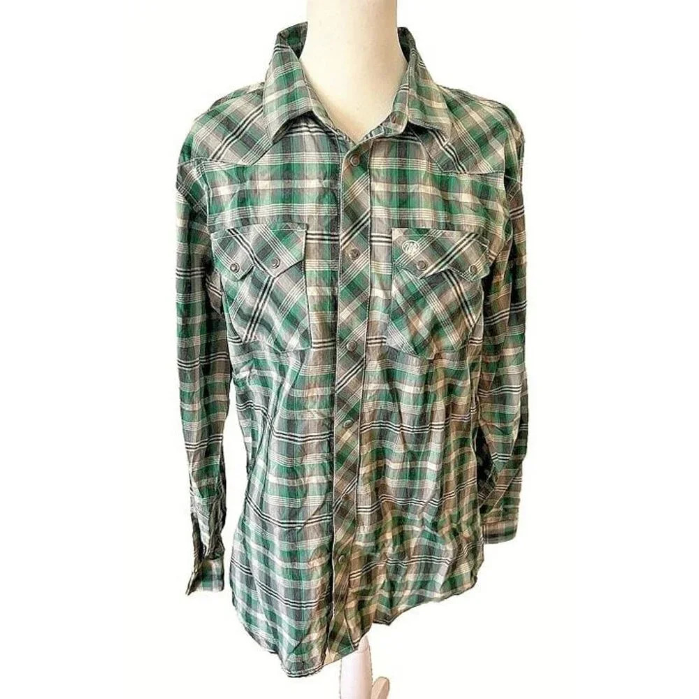 XXL Men's Green Plaid‎ Wrangler Retro Western Cowboy Collared Pearl Button Shirt